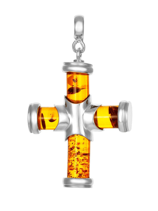 Pendant Cross made of Natural Baltic Amber cognac color|Silver Amber Cross Pendant|Amber Jewelry Gift|Religious Gift Jesus| gift for her him