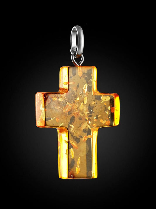 Handmade elegant cross carved from a single piece of natural Baltic golden color Amber Jewelry Gift |Religious Gift Jesus|gift for her him