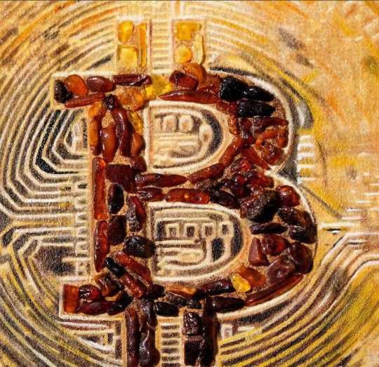 Bitcoin painting made of Natural Baltic Amber in wooden frame |Handmade Picture Cryptocurrency Bitcoin Logo | Crypto Wall Art | Wall Decor