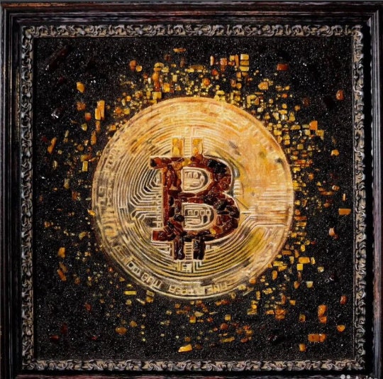 Bitcoin painting made of Natural Baltic Amber in wooden frame |Handmade Picture Cryptocurrency Bitcoin Logo | Crypto Wall Art | Wall Decor