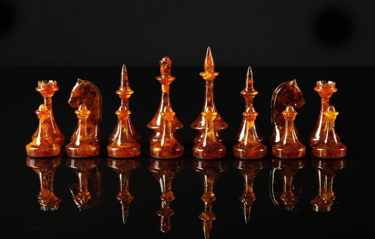 Amber chess pieces cognac honey color|Handmade carved amber Aesthetics chess large figures| Board Game|unique chess gift