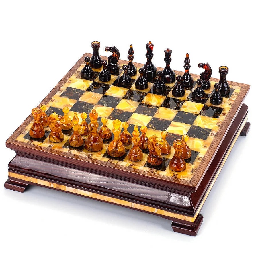 Amber chess set in Karelian birch casket with figures|Amber mosaic Chess board|Amber Chess Figures|Board Game|Chess gift