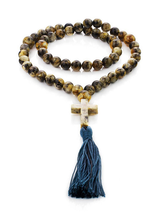 Unique Rosary 50 beads made of natural green amber Variegated molded ball with carved cross|Unick Large amber rosary|Religious prayer beads