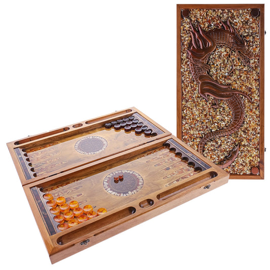 Luxury amber backgammon set Dragon with chips|backgammon board high quality wood decorated Amber|Checkers amber dices| Board Game| Vip gift