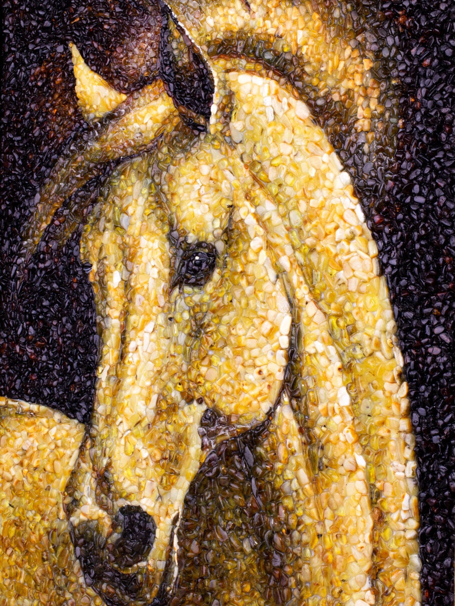 Painting amber mosaic Pacer in wooden frame |Handmade Picture Amber Horse |Horse Wall Art |Horse Painting|Wall Decor Art