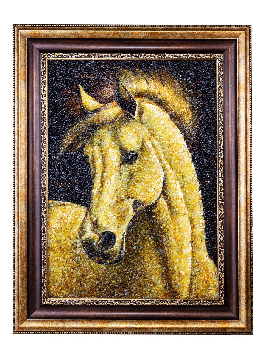 Painting amber mosaic Pacer in wooden frame |Handmade Picture Amber Horse |Horse Wall Art |Horse Painting|Wall Decor Art