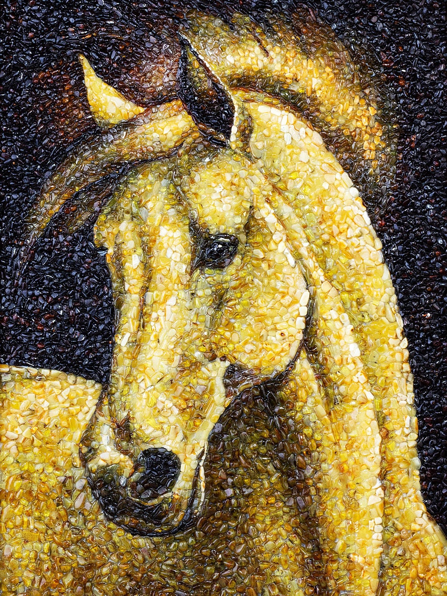 Painting amber mosaic Pacer in wooden frame |Handmade Picture Amber Horse |Horse Wall Art |Horse Painting|Wall Decor Art