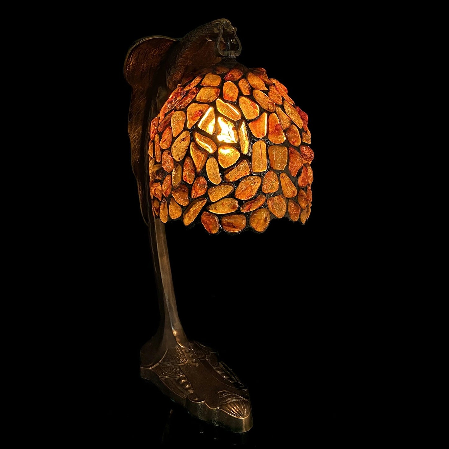 Luxury Table lamp made of natural baltic amber and bronze Eagle|Unick amber table lamp|Gemstone lamp|Lighting amber|Bronze lampshade frame