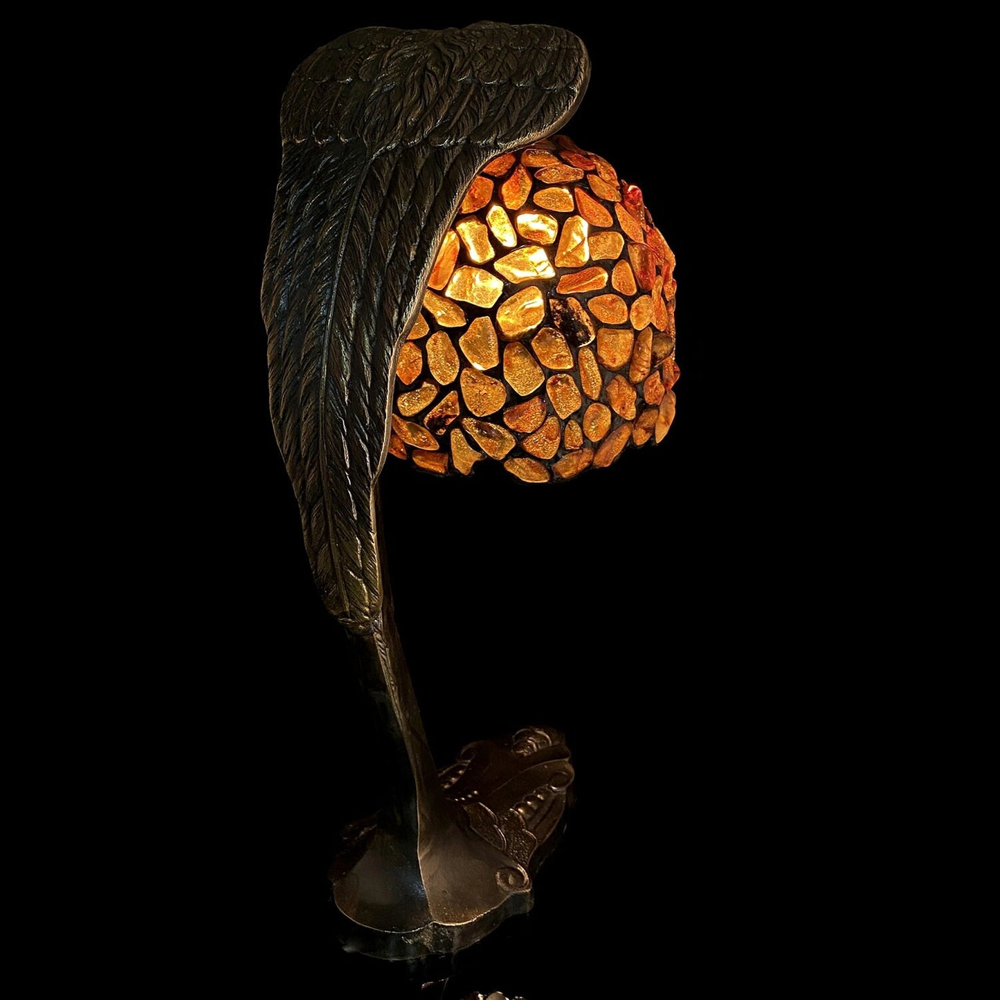 Luxury Table lamp made of natural baltic amber and bronze Eagle|Unick amber table lamp|Gemstone lamp|Lighting amber|Bronze lampshade frame