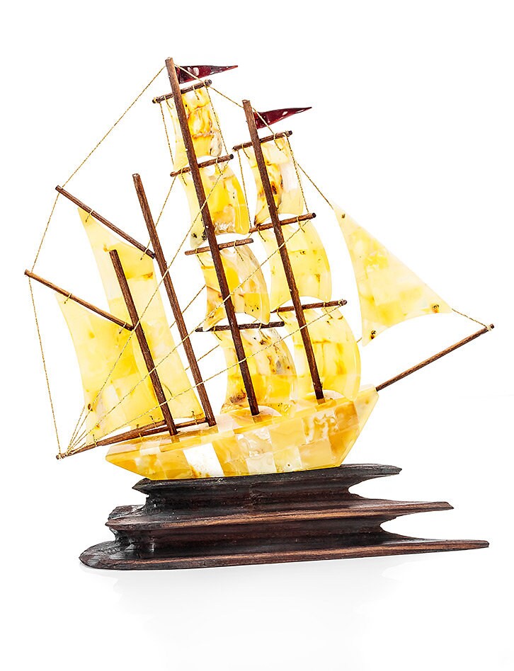 Souvenir Handmade boat made of natural amber on a wooden stand| Amber sailboat | Amber Ship decoration | Luxury Gift | Amber Boat Decor