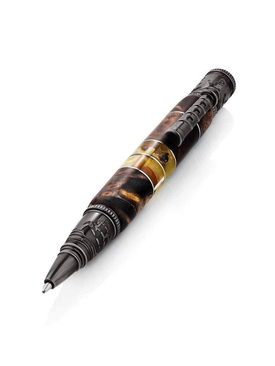 Collectible pen "Marine" made of suveli wood and natural Baltic amber|Amber wood Pen|Luxury Gift|Marine anchor engraving Pen|Amber souvenir