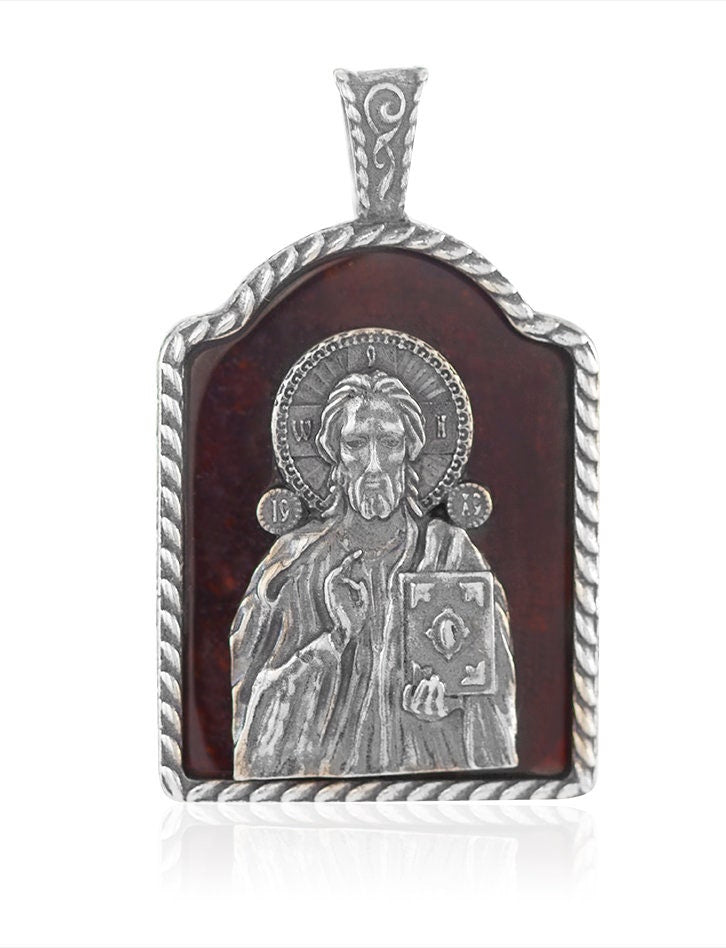 The Almighty Pantocrato saved with the Bible Pendant-image made of cherry amber in silver frame|Amber Jewelry Gift Religious|Jesus Savior