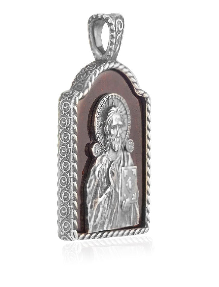 The Almighty Pantocrato saved with the Bible Pendant-image made of cherry amber in silver frame|Amber Jewelry Gift Religious|Jesus Savior