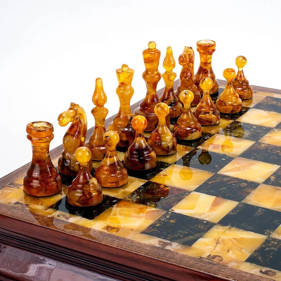 Amber chess set in Karelian birch casket with figures|Amber mosaic Chess board|Amber Chess Figures|Board Game|Chess gift