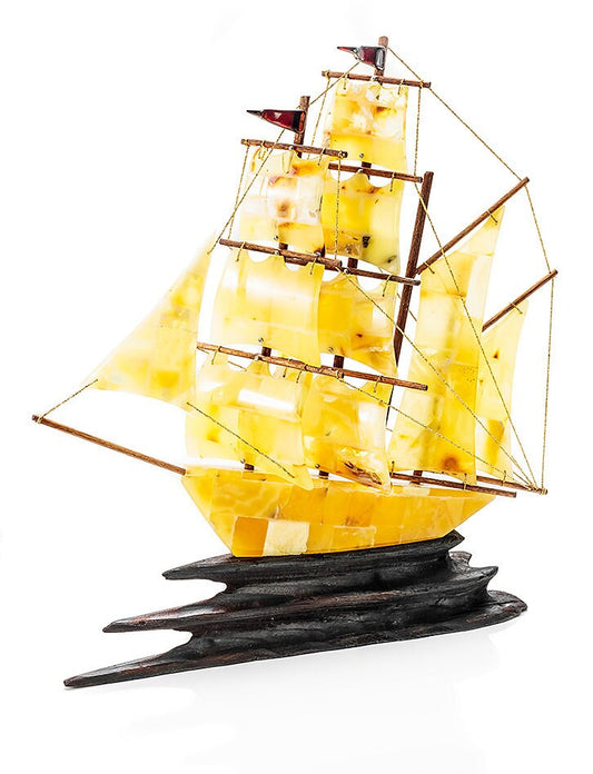 Souvenir Handmade boat made of natural amber on a wooden stand| Amber sailboat | Amber Ship decoration | Luxury Gift | Amber Boat Decor