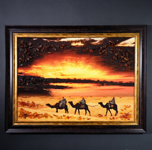 100% Amber painting "Caravan in the desert"| Canvas Painting Camel in desert|Amber Wall Art|Handmade Amber Wall Decor|Custom Amber Portrait