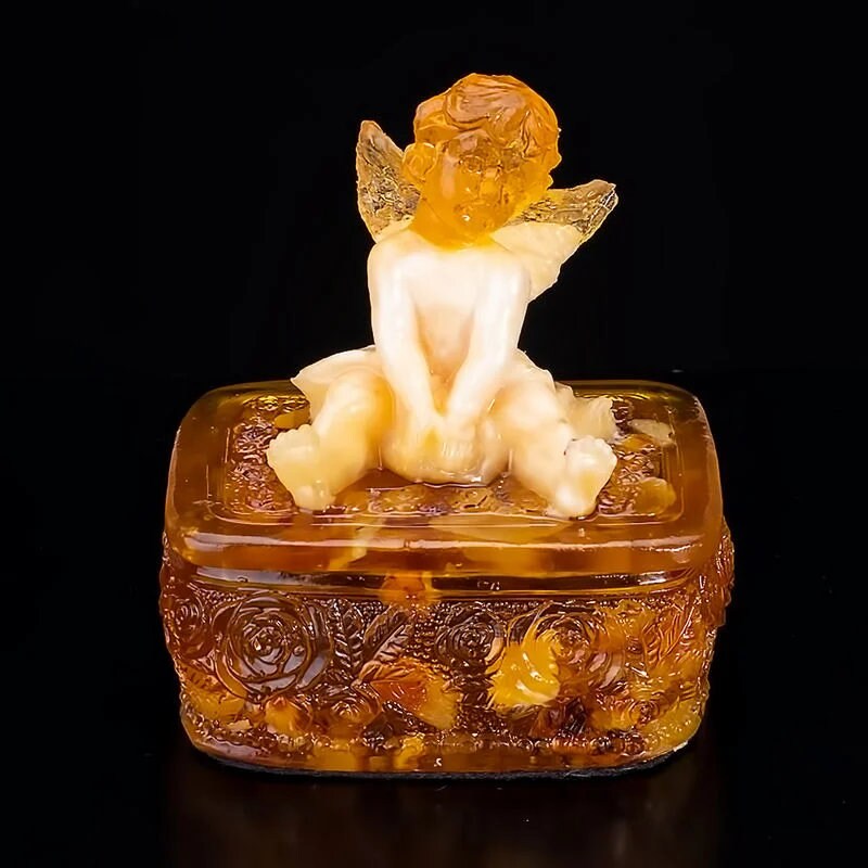 Amber Jewelry Box Rectangular White Cupid| Jewelry Storage|Natural Baltic Amber |Gift for Her|Luxury Amber Box