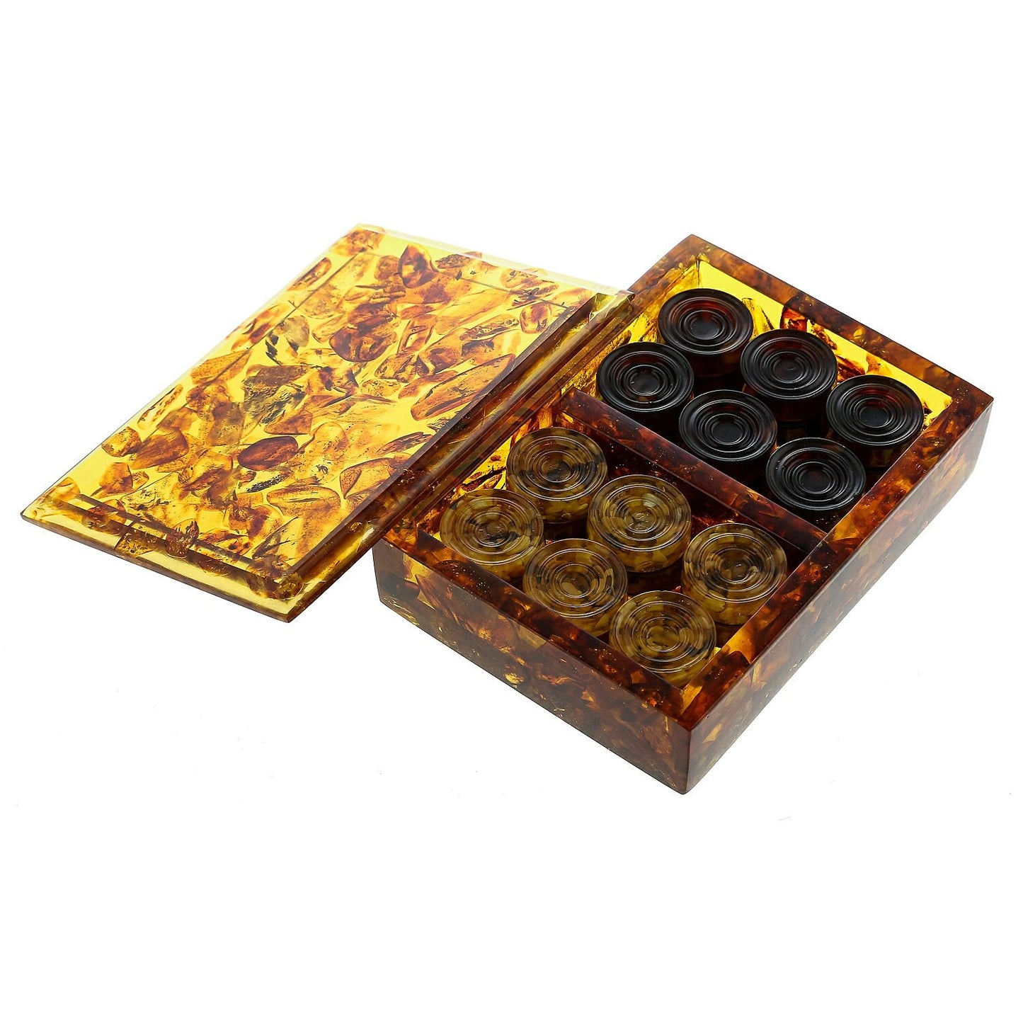 Amber chips for checkers in amber storage box| Handmade amber checkers| Board Game|Luxury Checkers pieces|Vip gift