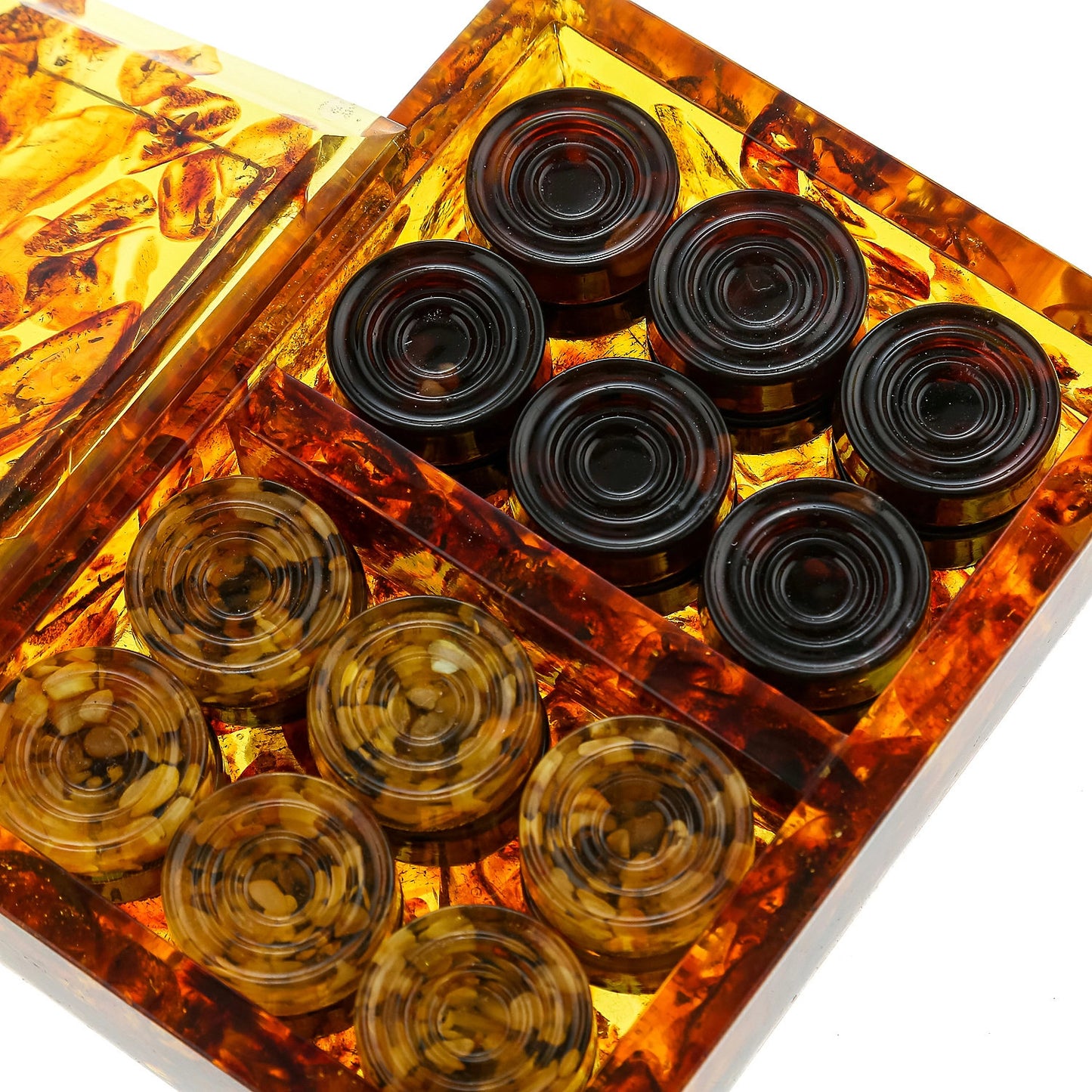 Amber chips for checkers in amber storage box| Handmade amber checkers| Board Game|Luxury Checkers pieces|Vip gift