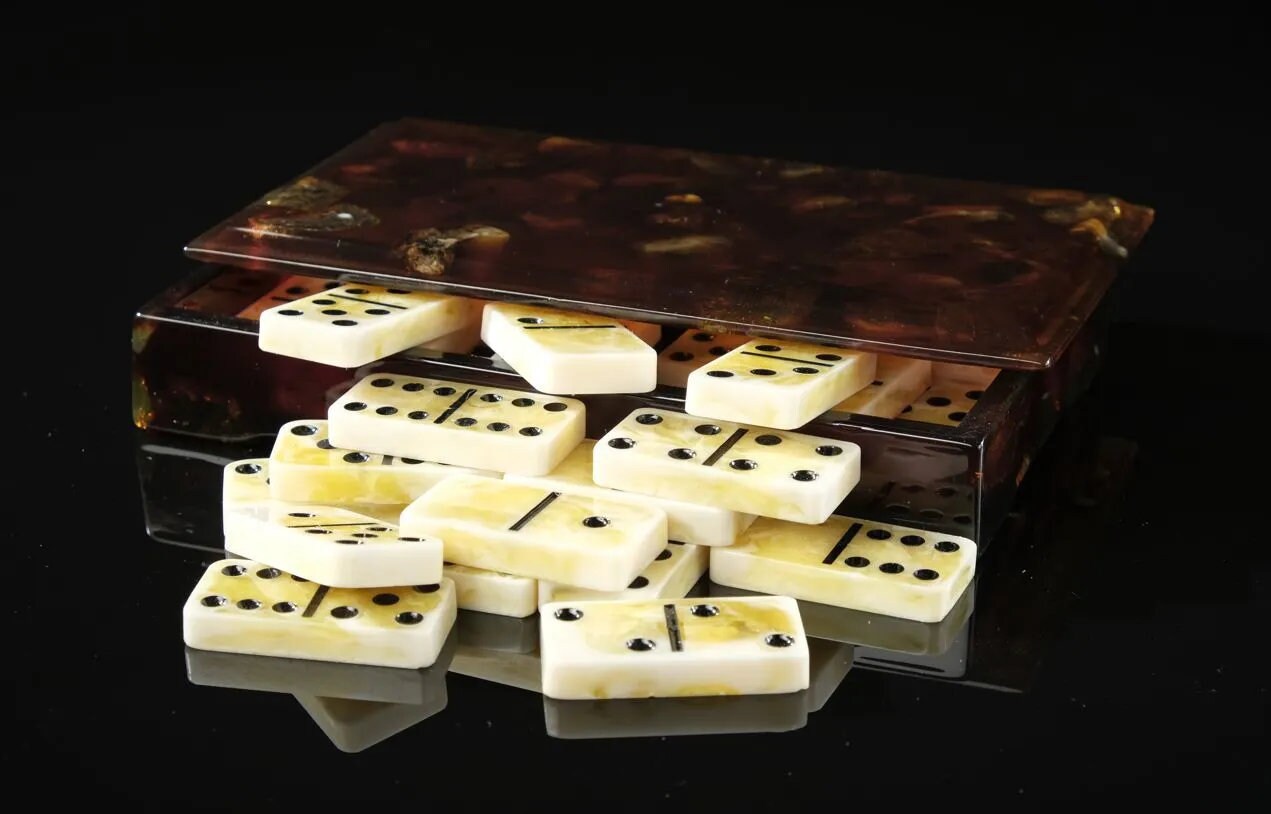 Amber Domino Set  with chips in a carved Amber Box| Natural Baltic Amber dominoe set|Amber bones Chips |Board game