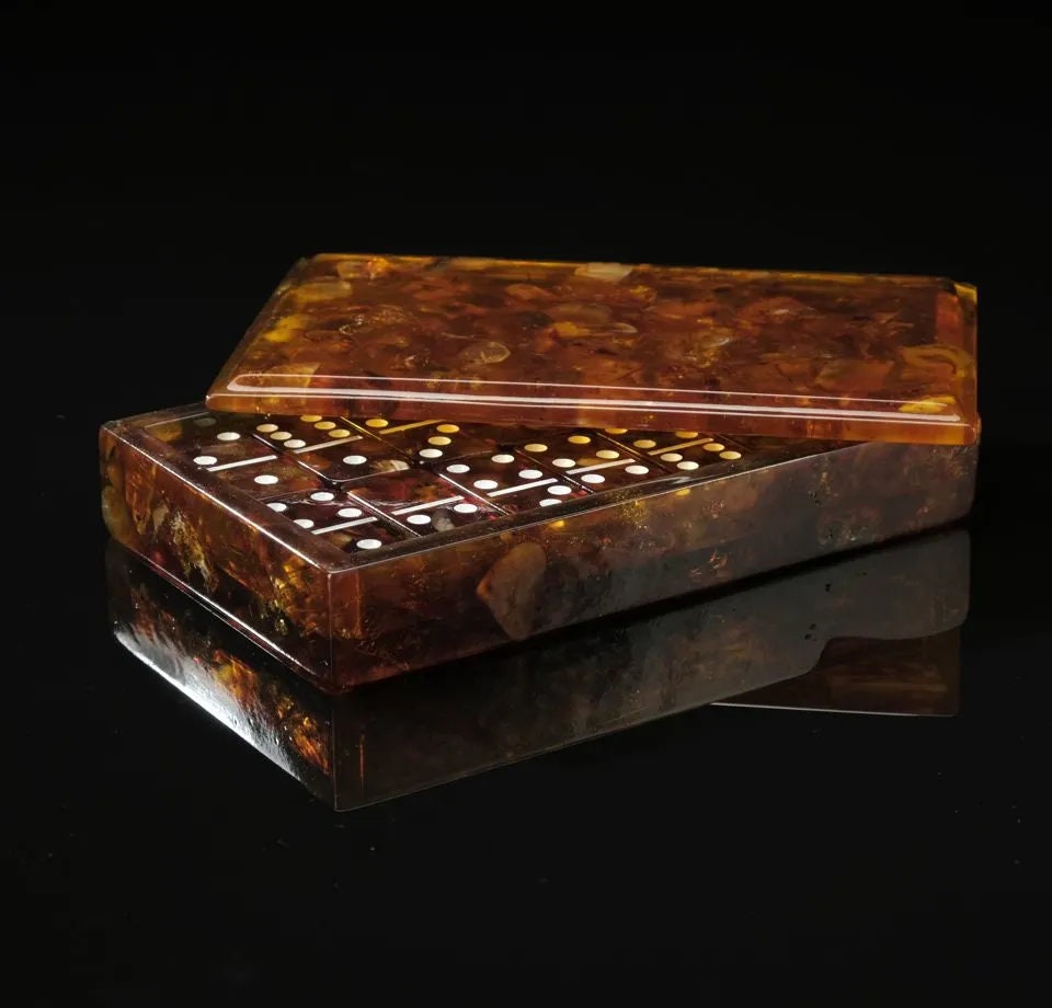 Amber Domino Set  with chips in a carved Amber Box| Baltic Amber dominoe set|Amber dominoes|Amber bones Chips|Board game