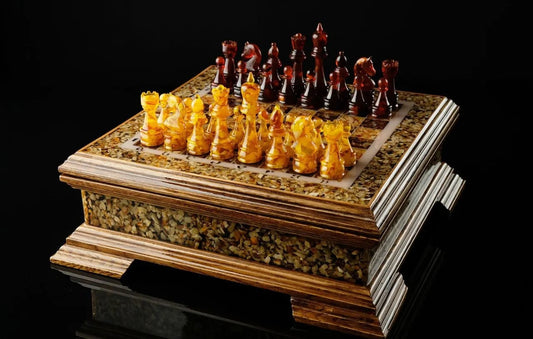 Amber large chess set with luxury chess pieces|Wood amber Chess board |Amber Chess Figures|Board Game|Unick chess gift