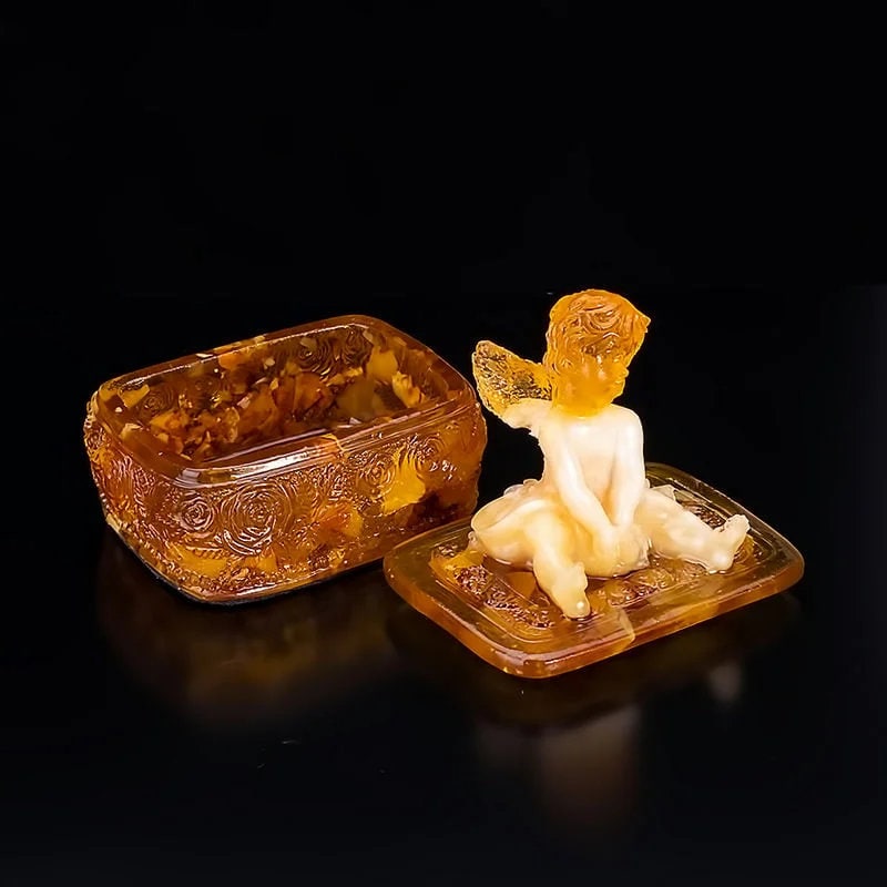 Amber Jewelry Box Rectangular White Cupid| Jewelry Storage|Natural Baltic Amber |Gift for Her|Luxury Amber Box