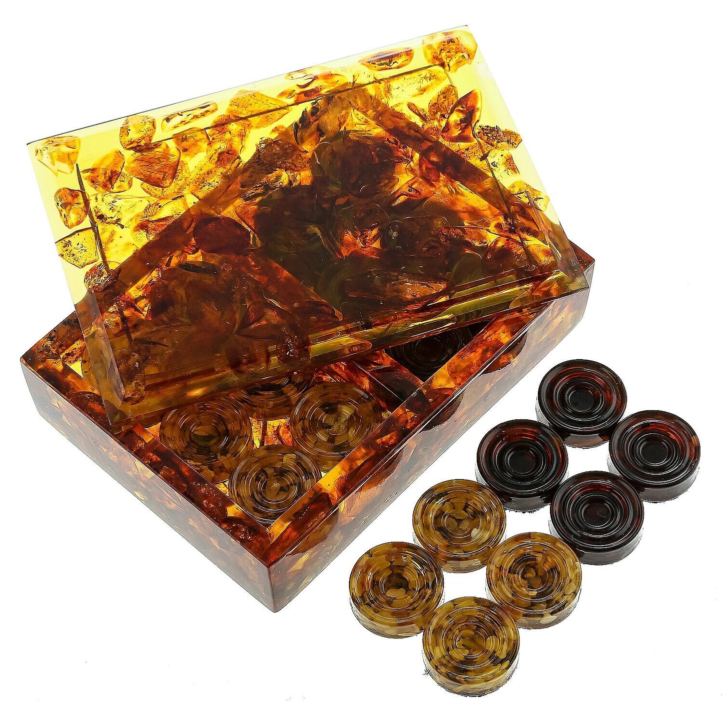 Amber chips for checkers in amber storage box| Handmade amber checkers| Board Game|Luxury Checkers pieces|Vip gift