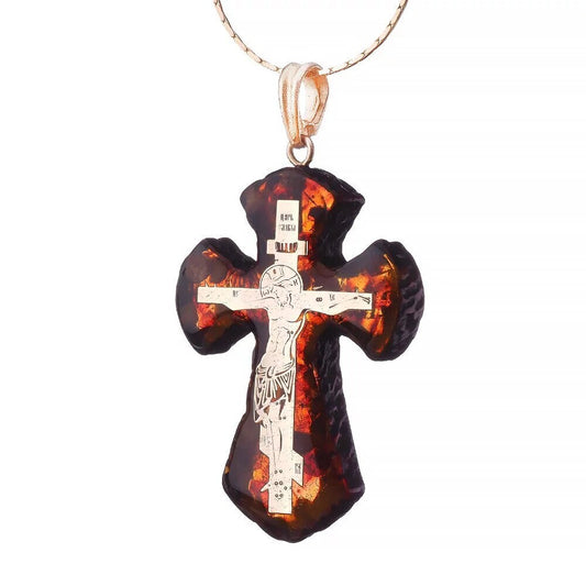 Large Amber pendant cross with a gilded crucifix| Silver Amber Cross Pendant | Amber Jewelry Gift | Religious Gift Jesus