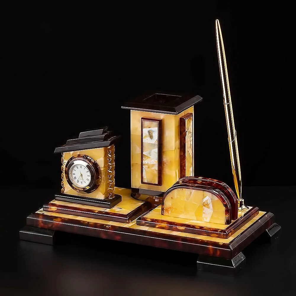 Amber Desk organizer|Handmade Pen holder with clock made of baltic amber|amber clock|Home Decor|Luxury Clock|Storage box