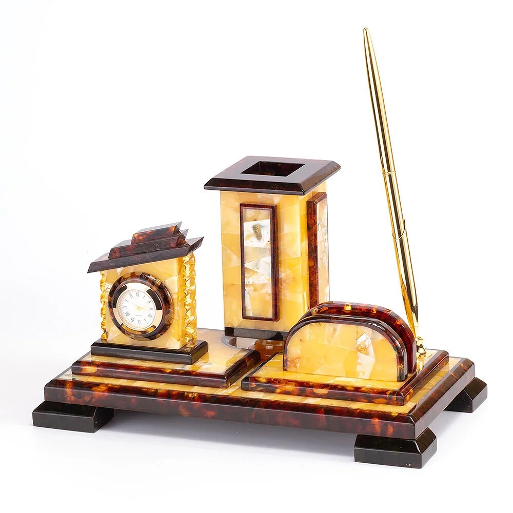 Amber Desk organizer|Handmade Pen holder with clock made of baltic amber|amber clock|Home Decor|Luxury Clock|Storage box