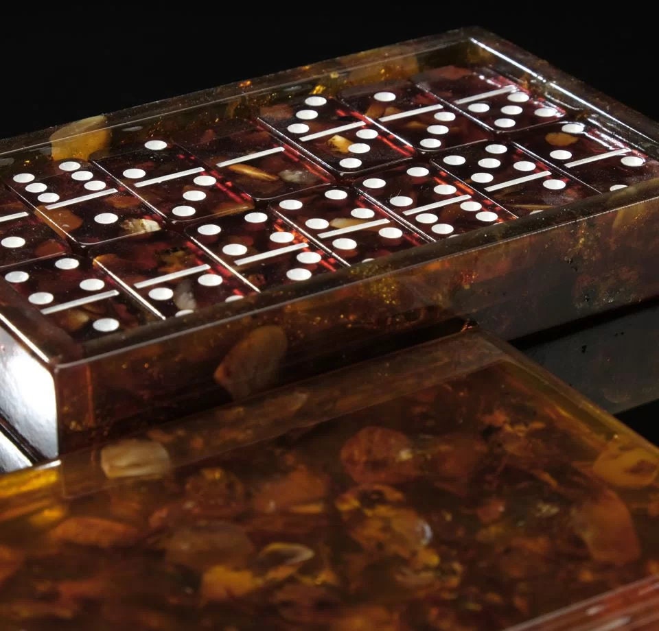 Amber Domino Set  with chips in a carved Amber Box| Baltic Amber dominoe set|Amber dominoes|Amber bones Chips|Board game