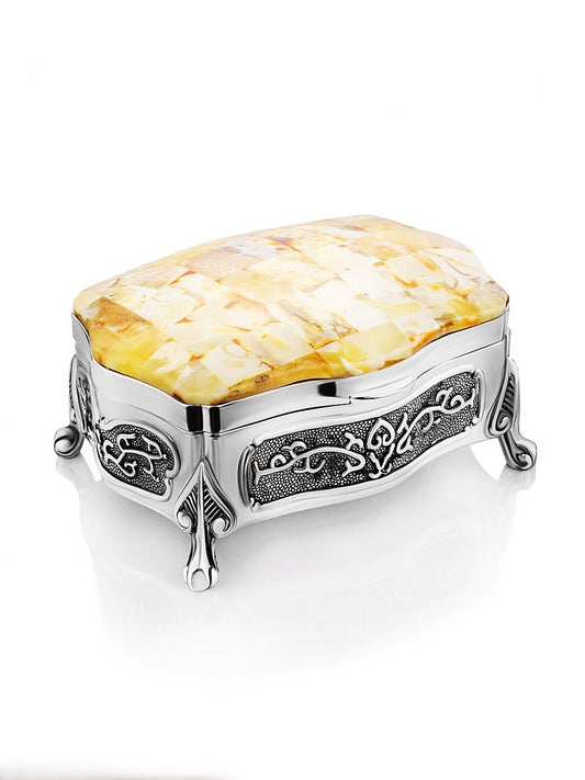 Metal jewelry box with cells decorated with picturesque amber |Small amber storage box|Keepsake box|Mosaic amber box