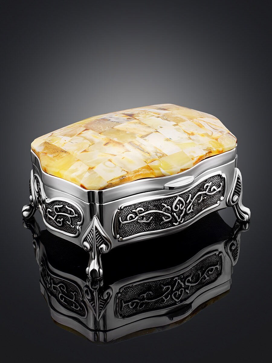 Metal jewelry box with cells decorated with picturesque amber |Small amber storage box|Keepsake box|Mosaic amber box