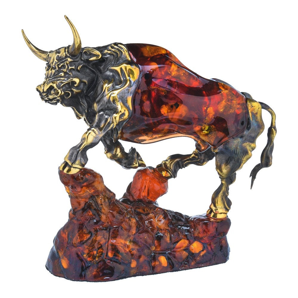 Sculpture of amber and bronze Bull|Amber Souvenir Gift|Amber Bull Figurine|Luxury Amber Statue Sculpture|home decor gift