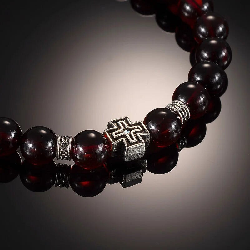 Handmade prayer finger beads dark cherry amber with an insert Maltese Cross| Religious Gift| Baltic amber rosary