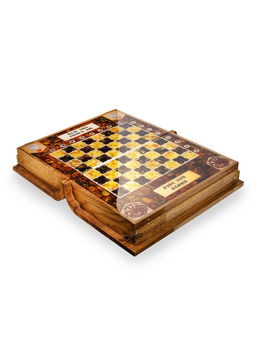 FOLDING CHESS AMBER|Luxury chess set House of Dragon|Wood folding chessboard with drawers|Portable chess set|Amber chess figures|Board game