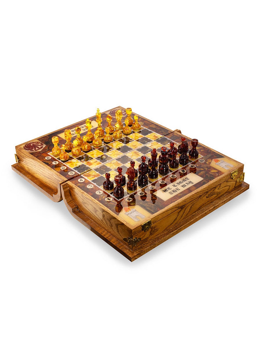 FOLDING CHESS AMBER|Luxury chess set House of Dragon|Wood folding chessboard with drawers|Portable chess set|Amber chess figures|Board game