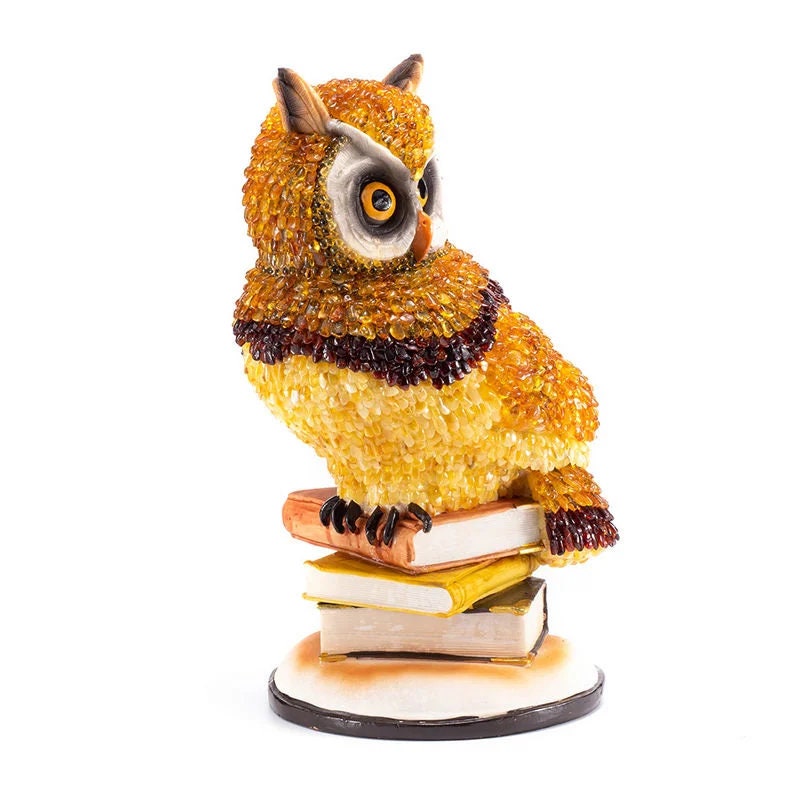 Large figurine amber Wise Owl on books decorated with natural amber|Baltic Amber|Owl Statuette |Amber owl Sculpture gift