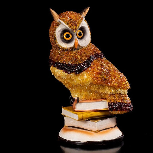 Large figurine amber Wise Owl on books decorated with natural amber|Baltic Amber|Owl Statuette |Amber owl Sculpture gift