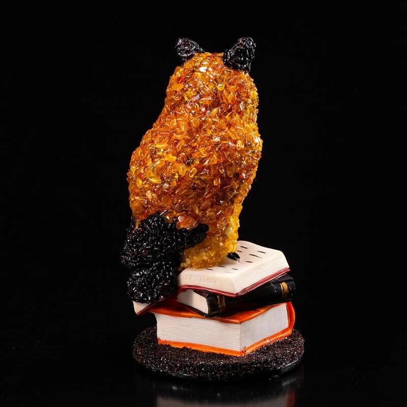 Amber owl|Bright table figurine with natural amber Owl on books|souvenir Baltic Amber|Owl Statuette |Amber owl Sculpture