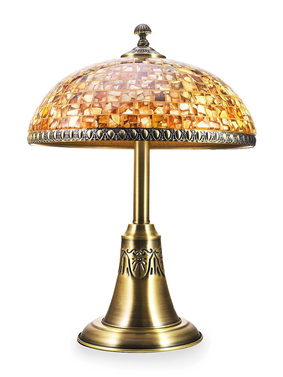 Table lamp in a classic design with a lampshade decorated with mosaic of natural Baltic amber|Lxuury Gemstone night lamp