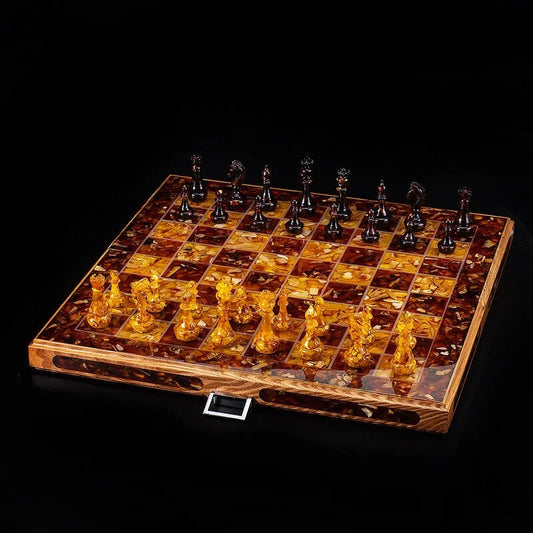 Large Folding Amber Backgammon Chess Set with Pieces and Chips|Amber wood backgammon|amber dices|Unick gift|Board game