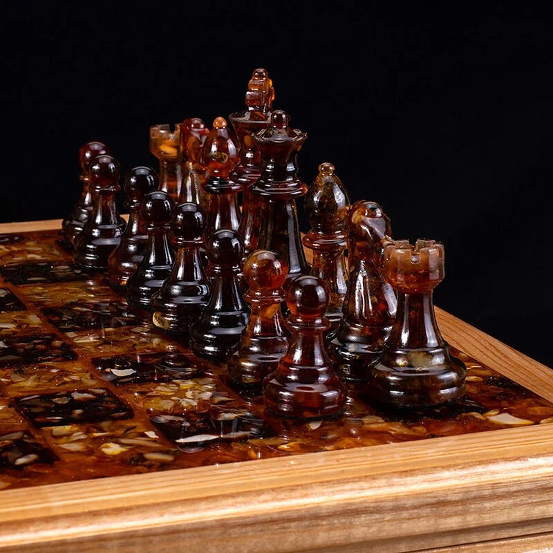 Handmade chess chest made of oak, decorated with natural amber|chess board with storage|Amber Chess Figures|Board Game