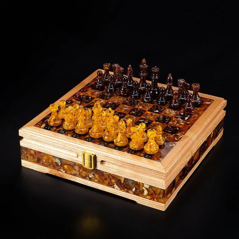 Handmade chess chest made of oak, decorated with natural amber|chess board with storage|Amber Chess Figures|Board Game