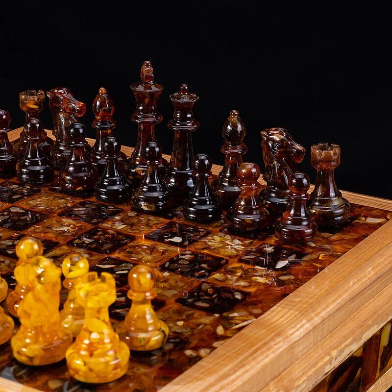 Handmade chess chest made of oak, decorated with natural amber|chess board with storage|Amber Chess Figures|Board Game