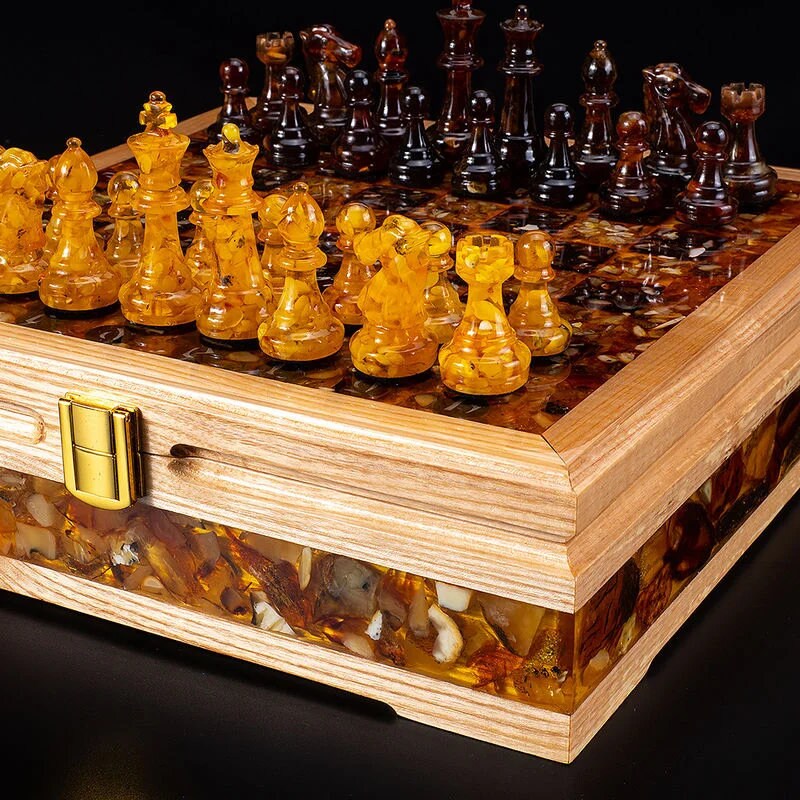 Handmade chess chest made of oak, decorated with natural amber|chess board with storage|Amber Chess Figures|Board Game