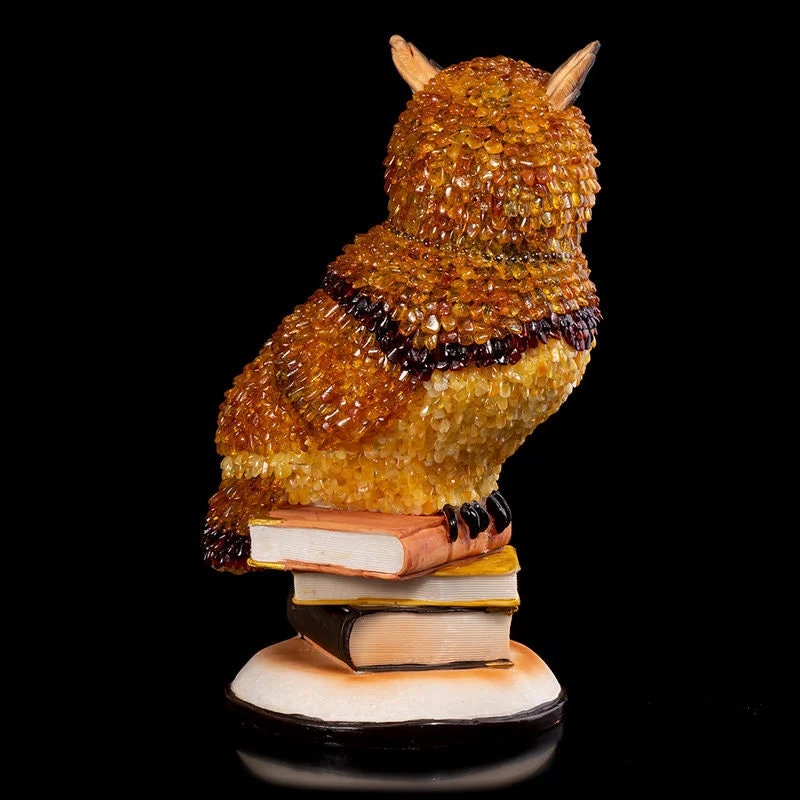 Large figurine amber Wise Owl on books decorated with natural amber|Baltic Amber|Owl Statuette |Amber owl Sculpture gift