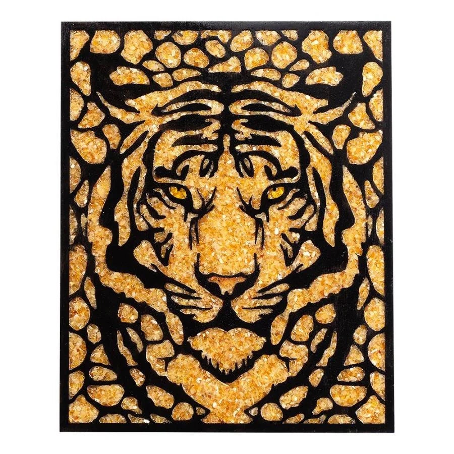 Picture made of wood lined with amber "Tiger"|Amber Painting Tiger|Amber Wall Art|Tiger Painting|Luxury Home interior