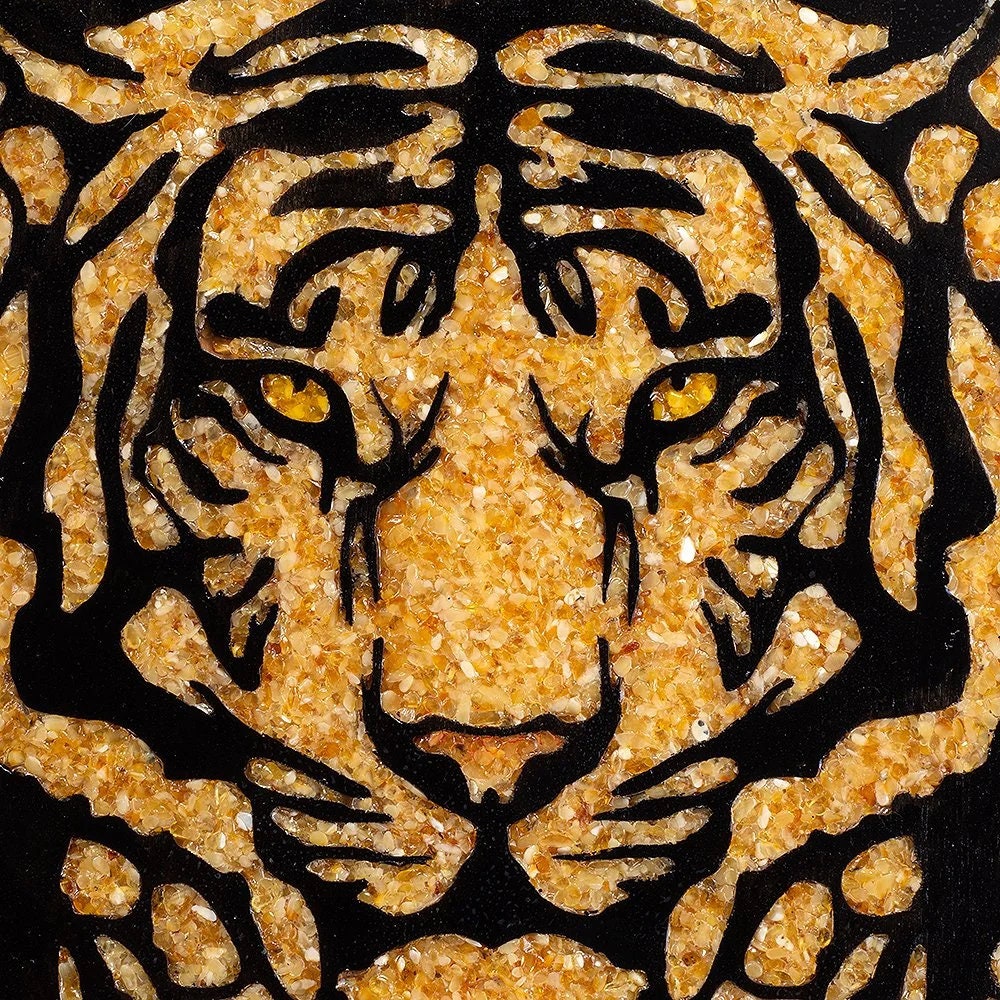 Picture made of wood lined with amber "Tiger"|Amber Painting Tiger|Amber Wall Art|Tiger Painting|Luxury Home interior